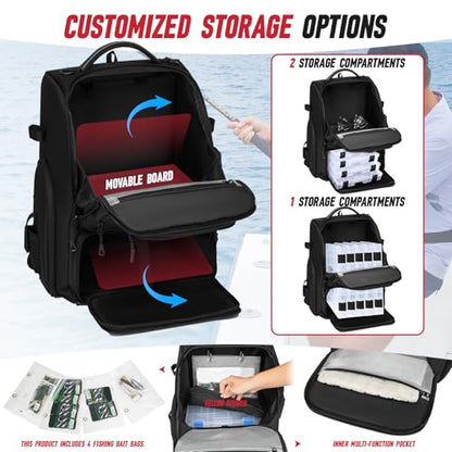 Fishing Tackle Backpack, 40L Tackle Bag with 2 Rod Holders & 4 Tackle Boxes, Water-Resistant Large Storage Fishing Gear and Equipment, Fisher Gifts for Men, Black - color: B-Black with 4 Tackle Boxes