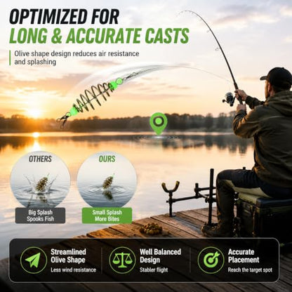 24Pcs Glowing Carp Fishing Method Feeder, Olive Shape Spring Bait Holder Cage with Luminous Beads, Inline Feeder Rig for Chicken Liver Pack Bait, Professional Fishing Accessories for Lake Rive