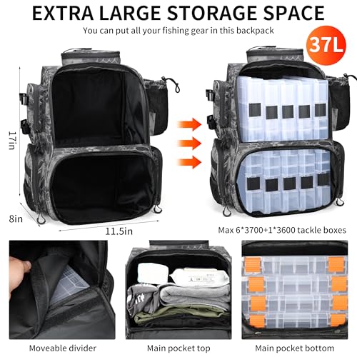 Rabjen Fishing Tackle Backpack with Rod Holders, Bottle Holder, Storage Bag Store Fishing Gear