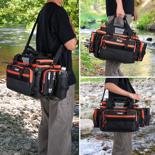 Goture Fishing Tackle Bag with 4pcs 3700 & 2pcs 3600 Tackle Boxes, 600D Water-Resistant Soft Side Saltwater Gear Storage Fishing Bag with Rod Straps, Detachable Water Bottle Pouch, Waterproof Bottom - color: C3:Black Orange with (4)3700&(2)3600 Tackle Box