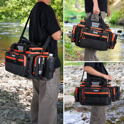 Goture Fishing Tackle Bag with 4pcs 3700 & 2pcs 3600 Tackle Boxes, 600D Water-Resistant Soft Side Saltwater Gear Storage Fishing Bag with Rod Straps, Detachable Water Bottle Pouch, Waterproof Bottom - color: C3:Black Orange with (4)3700&(2)3600 Tackle Box