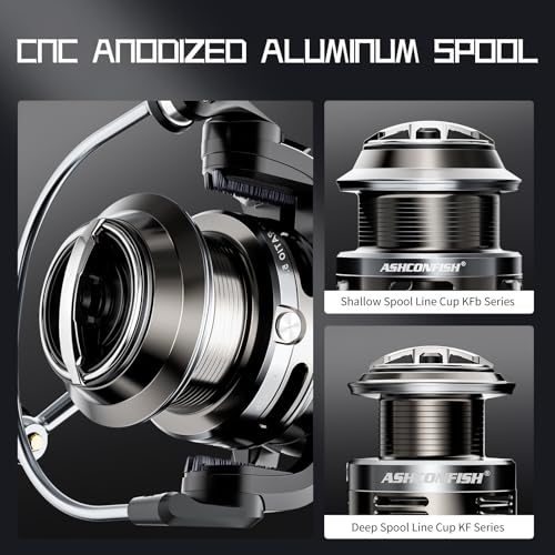 Ashconfish KF Spinning Reel, Freshwater Saltwater Spinning Fishing Reels, CNC Aluminum Spool, 5.2:1 Gear Ratio, 7+1 Ball Bearings 2 Line Cup Styles - size: 5000, style: Shallow Spool Line Cup(kfb)