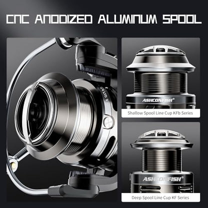 Ashconfish KF Spinning Reel, Freshwater Saltwater Spinning Fishing Reels, CNC Aluminum Spool, 5.2:1 Gear Ratio, 7+1 Ball Bearings 2 Line Cup Styles - size: 5000, style: Shallow Spool Line Cup(kfb)