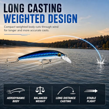 5PCS Sinking Jerkbait Fishing Lures, Long Casting Minnow Hard Baits with Realistic Swimming Action, Freshwater Fishing Lure Set for Bass, Trout, Walleye and Pike - size: 3.35"
