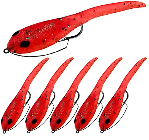 DELONG LURES 3" Weedless Tadpole Fishing Lures for Bass, Crappie, Bluegill, Perch, and Trout, Slow Sinking Life Like Fishing Baits Scented Pre Rigged Fishing Gear - color: Red Bug