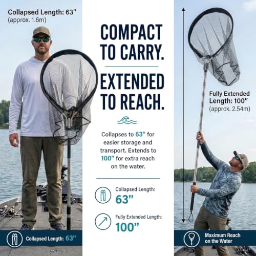 Rubber Fishing Net with Telescoping Handle, 100” Extendable Landing Net for Boat & Kayak, Large Heavy Duty Fish Net, Zip-Off Replacement Rubber Mesh, Stainless Steel Pole for Saltwater