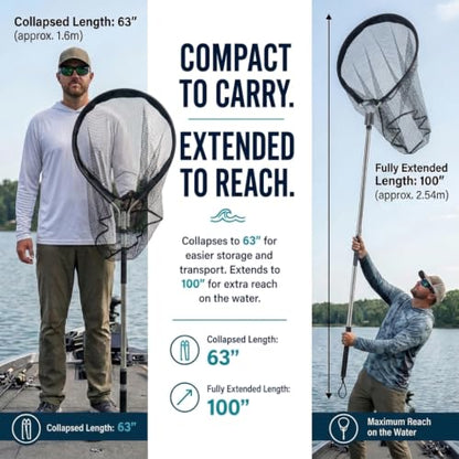 Rubber Fishing Net with Telescoping Handle, 100” Extendable Landing Net for Boat & Kayak, Large Heavy Duty Fish Net, Zip-Off Replacement Rubber Mesh, Stainless Steel Pole for Saltwater