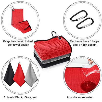 Batiyeer 12 Pcs Golf Towel Bulk for Golf Bags Microfiber Fabric Towel with Clip Waffle Pattern, Fitness, Camping, Hiking, Yoga - color: Black, Gray, Red