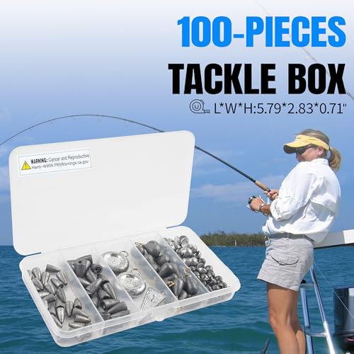 Fishing Sinker Weights Kit,100pcs Various Bass Casting Weight Removable Split Drop Shot Sinkers Pyramid Sinkers Disc Weights Catfish for Saltwater Freshwater Fishing