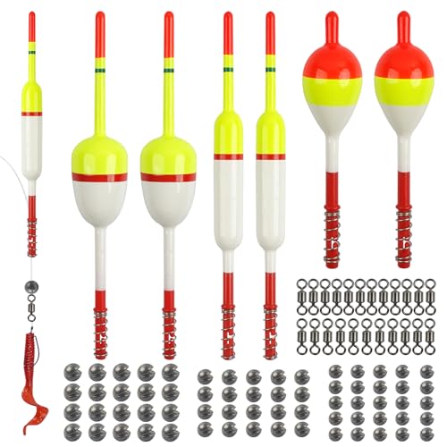 Fishing Bobber Floats Kit 96pcs Slip Bobbers Rig Kit Spring Oval Stick Fishing Floats and Bobbers Fishing Swivels Split Shot Weights for Crappie Catfish Trout Bass Fishing