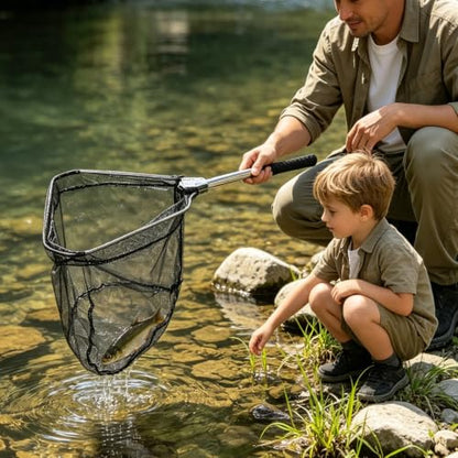 New Model Fishing Net, Foldable Landing Net with Deep Mesh Basket, Portable Fish Landing Net - color: Black