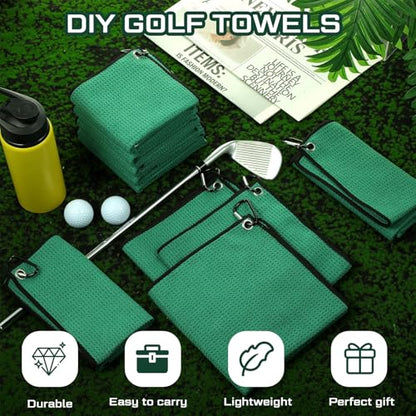 Batiyeer 12 Pcs Golf Towel Bulk for Golf Bags Microfiber Fabric Towel with Clip Waffle Pattern, Fitness, Camping, Hiking, Yoga - color: Dark Green
