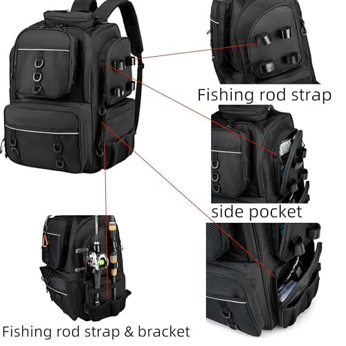 WANOON Fishing Backpack,Tackle Bag,with Tackle Boxes. Large Fishing Bag, Strong Materials - color: Black, size: 42L-With Tackle Boxes