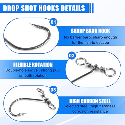 Drop Shot Fishing Hooks,50/100pcs in-line Drop Shot Rig Hooks Swivels High Carbon Steel Worm Fishhook for Bass,Perch,Walleye,Catfish - size: 100pcs