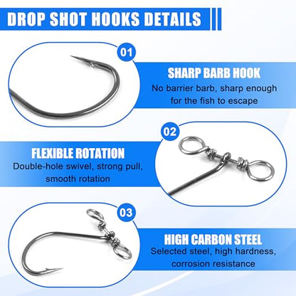 Drop Shot Fishing Hooks,50/100pcs in-line Drop Shot Rig Hooks Swivels High Carbon Steel Worm Fishhook for Bass,Perch,Walleye,Catfish - size: 100pcs