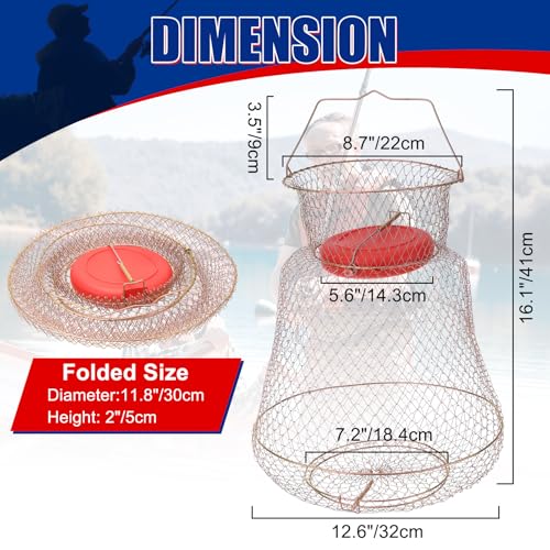 NYXOVA 2 Pack Floatable Galvanized Steel Wire Fish Basket, Portable Fishing Basket Fishing Net Cage, Durable Collapsible Fishing Net, Easy to Use