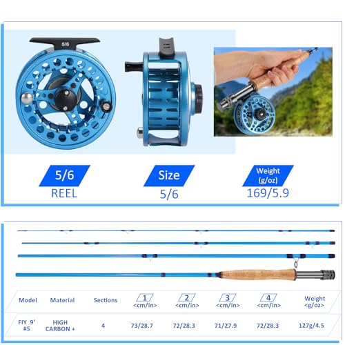 Sougayilang Fly Fishing Combo, 4 Piece Fly Rod and CNC Machined Aluminum Alloy Reel Complete Starter Package with Rod Bag - color: Fly Fishing Combo #5-Blue