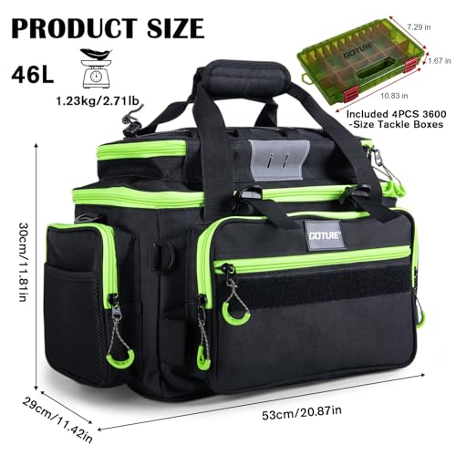 Goture Fishing Tackle Bag with 4pcs 3600 Tackle Boxes, 600D Water-Resistant Soft Side Saltwater Gear Storage Fishing Bag with Rod Straps, Detachable Water Bottle Pouch, Waterproof Bottom, SBS Zippers - color: C2:Black Green with 4 3600 Tackle Boxes, size: