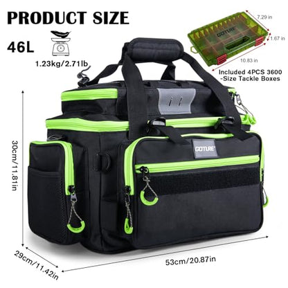 Goture Fishing Tackle Bag with 4pcs 3600 Tackle Boxes, 600D Water-Resistant Soft Side Saltwater Gear Storage Fishing Bag with Rod Straps, Detachable Water Bottle Pouch, Waterproof Bottom, SBS Zippers - color: C2:Black Green with 4 3600 Tackle Boxes, size: