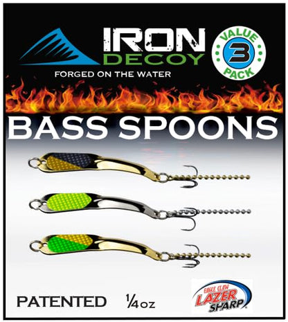 IRON DECOY Spoon Fishing Lures 3-Pack, Multi-Species Metal Spoons for Trout, Walleye, Bass, Salmon, Pike, Ice Fishing & Trolling, Vibrating Spoon Lure Kit - color: Bass #2, 1/4 oz