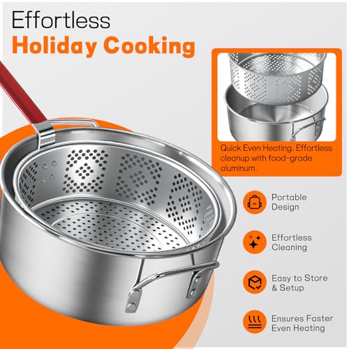 Veralune 10QT Deep Fryer Pot with Basket, Grade Outdoor Fryer | suitable for 4–6 people, perfect for seafood, chicken and French fries.