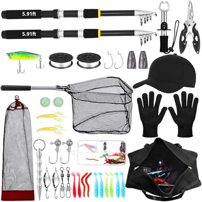 Telescopic Fishing Rod and Reel Combo 2 Pcs Collapsible Fishing Pole Kit with Plier Lip Gripper Lures Carrier Bag Pre-Loaded Spinning Reel for Beginner Men Travel Saltwater Freshwater - size: 5.91ft