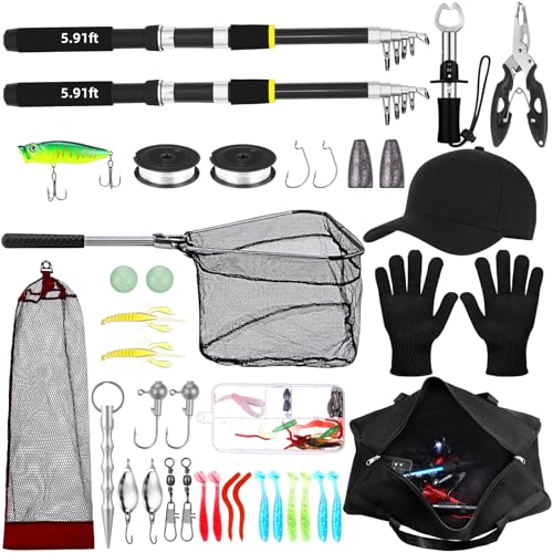 Telescopic Fishing Rod and Reel Combo 2 Pcs Collapsible Fishing Pole Kit with Plier Lip Gripper Lures Carrier Bag Pre-Loaded Spinning Reel for Beginner Men Travel Saltwater Freshwater - size: 5.91ft