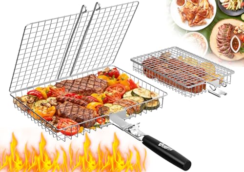 Grill Baskets for Outdoor Grill, 2PCS BBQ Grilling Basket with Removable Wooden Handle, Stainless Steel Camping Cooking Grill Accessories for Meat Fish Vegetable Seafood, Gifts for Men Dad Husband (Silver)