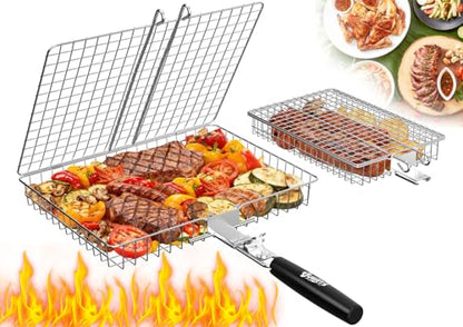 Grill Baskets for Outdoor Grill, 2PCS BBQ Grilling Basket with Removable Wooden Handle, Stainless Steel Camping Cooking Grill Accessories for Meat Fish Vegetable Seafood, Gifts for Men Dad Husband (Silver)