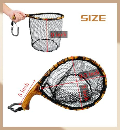 Fly Fishing Net with Release, Lightweight Trout Fishing Net with Wooden Handle Frame, Rubber-Coated Mesh Landing Nets for Minnow, Catch and Release