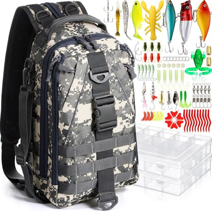 RoundFunny 85 Pcs Fishing Backpack with Tackle Boxes, Tackle Sling Bag with Rod Holder, Fish Lures and Pliers, Fish Tools Gears & Equipment Father's Day Fishing Gift for Dad Men - color: Jungle Camouflage