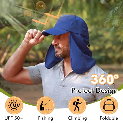 Tirrinia Wide Brim Sun Hat with Neck Flap for Men & Women, Breathable Hiking Fishing Safari Hat, Outdoor UV Protection Cap - color: Navy