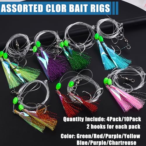 Fishing Bait Rig Set,4/10 Packs Saltwater Fishing Rigs with Sharp Circle Hooks/Barrel Swivels/Mono Leader/Glow Bead Flounder Bottom Fish Rigs for Sea Trout Rockfish - size: 10 Packs