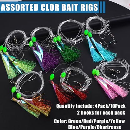 Fishing Bait Rig Set,4/10 Packs Saltwater Fishing Rigs with Sharp Circle Hooks/Barrel Swivels/Mono Leader/Glow Bead Flounder Bottom Fish Rigs for Sea Trout Rockfish - size: 10 Packs