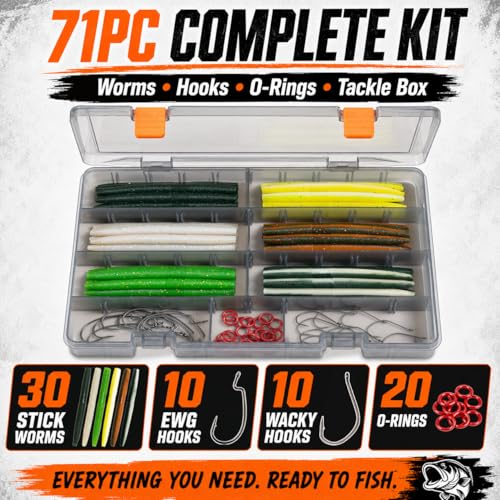 Wacky Worms Bass Fishing Kit, 71pcs 4 in Stick Worm Soft Plastic Baits, Wacky Hooks, EWG Hooks, O-Rings, 6 Colors, 3600 Tackle Box