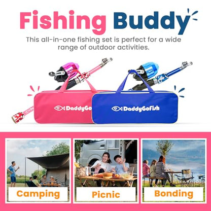 DaddyGoFish Kids Fishing Pole - Rod Reel Combo Tackle Box Starter Set - First Year Small Gear Kit for Boys Girls Toddler Youth Age Beginner Little Children - color: 2 Pack- Blue + Pink (Essential Set), size: 4ft