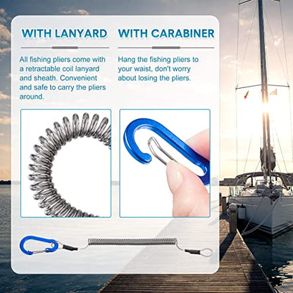 Lasnten 2 Pcs Fishing Pliers Saltwater Braid Cutters 7.8 Inch Fishing Hook Remover Split Ring Fishing Tools with Sheath and Lanyard Gear Gifts for Fish Line Cutting Boat Fly Ice Fishing Accessories - color: Blue, Silver