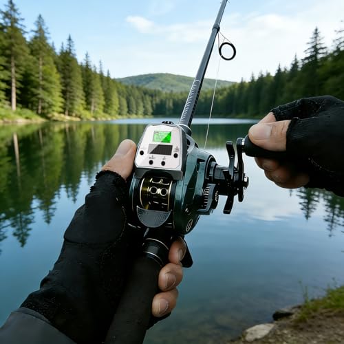 Digital Baitcasting Fishing Reel with LCD Display,8 oz Ultralight Electric Baitcaster Reel, 22-35 Lb Max Drag,6.3:1/7.2:1 Gear Ratio,Left/Right Handed,Compact Design for Freshwater & Saltwater - color: Greener-Right Hand, size: 35Lb-12 Smart-Solar Panel