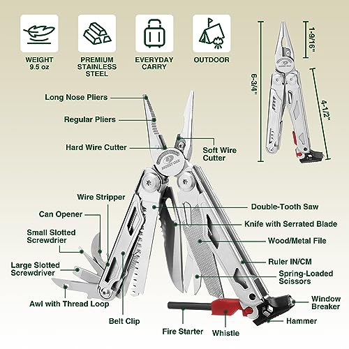 MOSSY OAK 19-in-1 Multitool Pliers Stainless Steel Self-Locking | Includes fire starter, window breaker, whistle, and sheath for camping, hiking, survival, and outdoor adventures - style: 19-in-1 Self-Locking EDC Tool