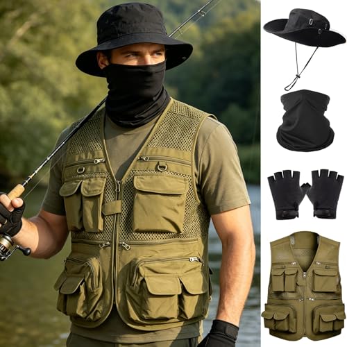 HUNTURE Fishing Vest,Pocket Vest and Hat Gloves Neck Gaiter Set for Men,Lightweight Utility Outerwear Vest - color: Khaki, size: XX-Large