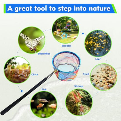 2PCS Kids Fishing Nets with Bucket - Telescoping Handle Retractable Landing Net Lightweight Aluminum Pole for Catch and Release Frog, Minnow, Butterfly, Crab, Beach and Creek Outdoor - color: BLUE