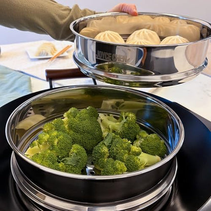 Joyce Chen 10-Inch Stainless Steel Two-Tier Steamer with Glass Lid & Wok Adapter Ring, 304 Stainless Steel, Dishwasher Safe - size: 10 inch - steel
