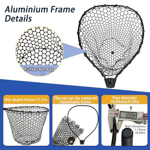 Telescoping Rubber Fishing Net with Handle 64"/46“ Long Silicone Large Fish Landing Net Kayak/Fishpond/Saltwater Extendable Fishing Gear Accessories - color: Black:3-section pole|length:63.7"