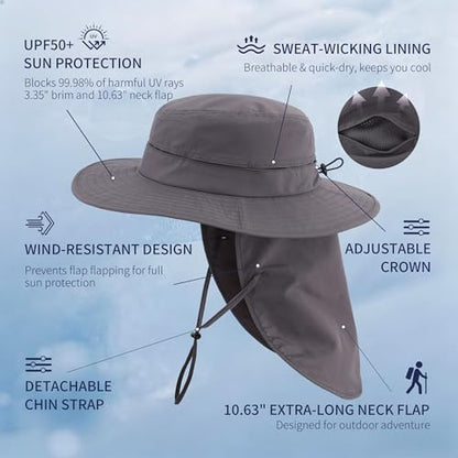 Connectyle Wide Brim Sun Hat for Men Women UPF 50+ Breathable Fishing Hat with Neck Flap Outdoor Hiking Safari Bucket Hats - color: Dark Grey