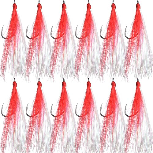 Bucktail Teasers Fishing Hooks Saltwater Flounder Rig Bucktail Mylar Teasers Inserted Fishing Teaser Hooks for Jigs Spoons Lures Hi/Lo Rig Striped Bass Bluefish Flounder Surf Bottom Fishing - color: Red-white, size: 12pcs