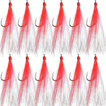 Bucktail Teasers Fishing Hooks Saltwater Flounder Rig Bucktail Mylar Teasers Inserted Fishing Teaser Hooks for Jigs Spoons Lures Hi/Lo Rig Striped Bass Bluefish Flounder Surf Bottom Fishing - color: Red-white, size: 12pcs