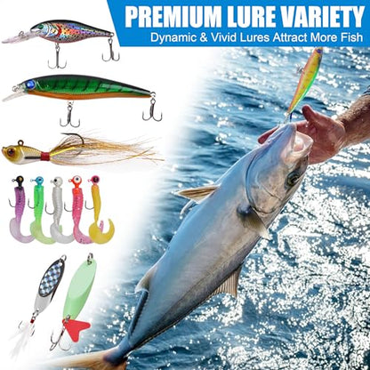 Saltwater Fishing Tackle Box, 212pcs Surf Fishing Gear Kit Saltwater Lures Bait Rigs Bucktail Jigs Spoon Crankbait Pyramid Sinkers Hooks Swivels, Perfect Fishermen Gifts