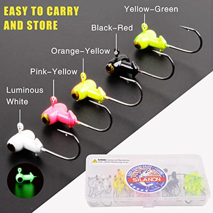 Fishing Jig Heads Kit,Football Painted Head Jig Hook with Double Eye Glow Crappie Bass Jig Head Hooks 1/8oz 3/16oz 1/4oz Fishing Jig Hooks for Freshwater Saltwater - color: Crappie Jig heads-1/4 oz-30 Pack