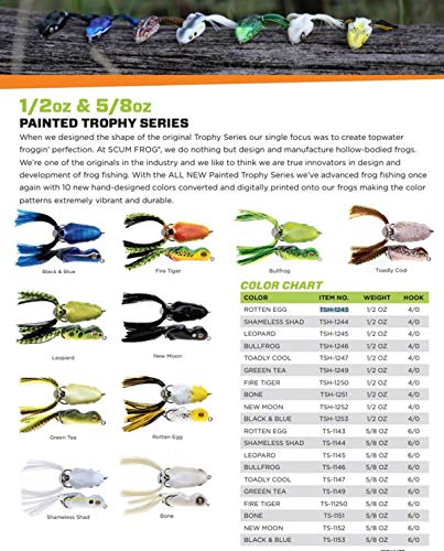 Scum Frog Trophy Series Topwater Bass Fishing Hollow Body Frog Lure with Weedless Hooks - color: Bullfrog, size: 5/8 Ounce