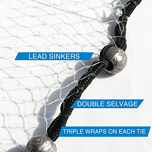 BasicGear Pancake Cast Net – Heavy-Duty 1.0+ lb/ft Weights, 4ft to 12ft Radius, Multiple Mesh Sizes, Pro Grade, Freshwater & Saltwater - size: 12ft Radius, style: 1.25 Lb, 3/16" Sq Mesh